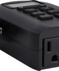 Close-up of Weatherproof Digital Plug In Timer With Dual Outlets Indoor Outdoor Ready Custom On Off Presets 24 Hour Countdown.