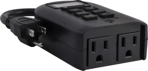 Close-up of Weatherproof Digital Plug In Timer With Dual Outlets Indoor Outdoor Ready Custom On Off Presets 24 Hour Countdown.