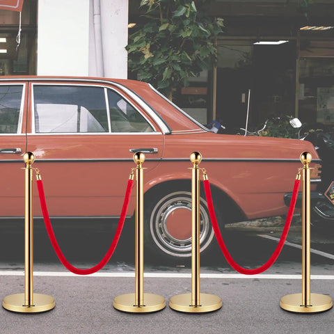 Gold Stanchions With Velvet Ropes Set Of 4, Solid Concrete Base And Stainless Steel Posts, 5ft Red Velvet Ropes For Crowd Control