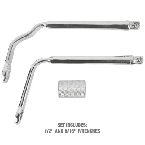 Two Piece Distributor Clamp Wrench Set For Auto Ignition Systems, Offset Design Lets You Reach Crowded Distributors, Includes 9/16 And 1/2 SAE Wrenches, Durable No Fuss Tool For Pros And DIY, shown with labeled sizes
