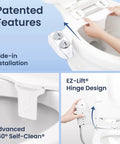 Dual Nozzle Bidet Attachment For Toilet Seat No-Fuss Non-Electric Easy Slide-In Install 360 Self-Clean features illustrated