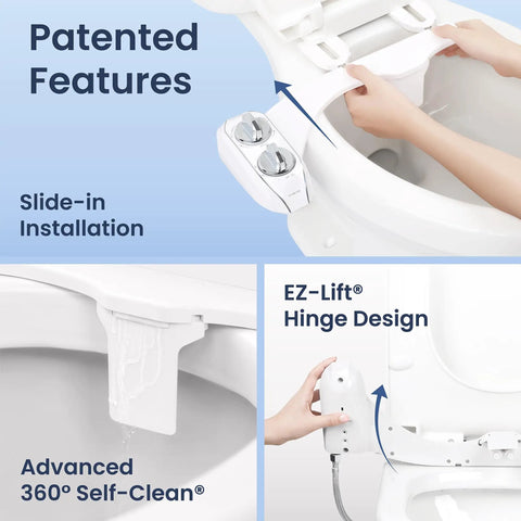 Dual Nozzle Bidet Attachment For Toilet Seat No-Fuss Non-Electric Easy Slide-In Install 360 Self-Clean features illustrated