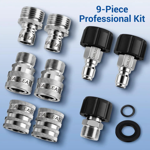 Pressure Washer Quick Connect Kit with 9-piece stainless steel adapters visible on a blue background.