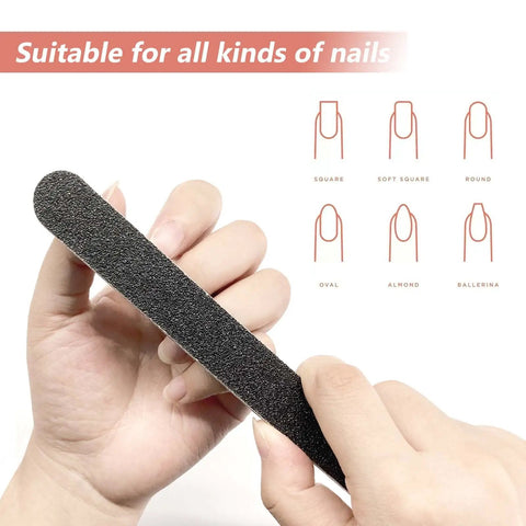 Person holding Pro Grade Nail File And Buffer Block Kit with 100 to 180 grit double sided black pedicure file for smooth nails