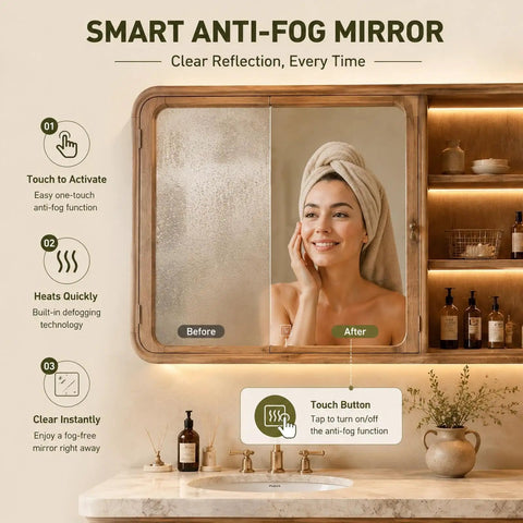 Top Shelf 76 Inch Freestanding Double Sink Bathroom Vanity Featuring Wide Mirror Medicine Cabinet Polished Marble Tops Rustic Wood Carving Details And Serious Storage with smart anti-fog mirror.