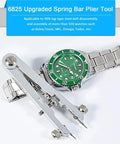 Watch Repair Kit 5-Piece Spring Bar Plier Tool Set With 10 Tips Pins And Tweezer For Strap Removal near a green watch