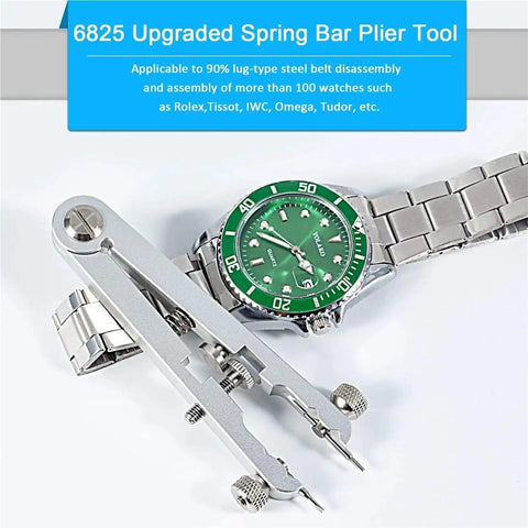 Watch Repair Kit 5-Piece Spring Bar Plier Tool Set With 10 Tips Pins And Tweezer For Strap Removal near a green watch