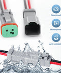 Plug-And-Play 2 Pin Waterproof Wiring Harness Pigtail Kit With 16 AWG Leads, Black Male And Female Connectors, IP67 shown in use.