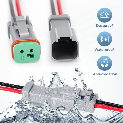 Plug-And-Play 2 Pin Waterproof Wiring Harness Pigtail Kit With 16 AWG Leads, Black Male And Female Connectors, IP67 shown in use.