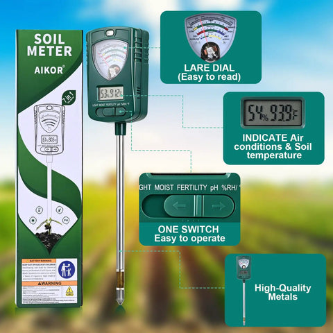 7 In 1 Soil Tester For Moisture PH Fertility Light Temperature Humidity With LCD Display And Pointer For Garden Farm Lawn Indoor Outdoor Plant Monitoring, metal probe