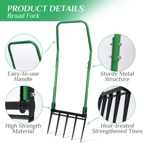 Five Tined Broad Fork Garden Tool For Deep Digging And Soil Cultivation with ergonomic U-shaped handle