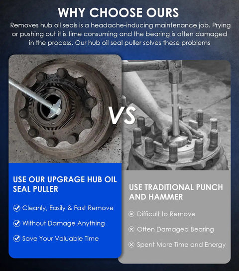 Comparison of heavy duty hub oil seal remover tool for trailers and trucks with traditional method, emphasizing easy hub seal puller use.