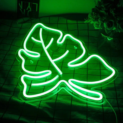 Lit Green Leaf Neon LED Night Light Sign For Home Wall Decor Neon Sign For Wedding Birthday Party Camping Kids Room Bedroom Bar Living Room Green Light lit on table