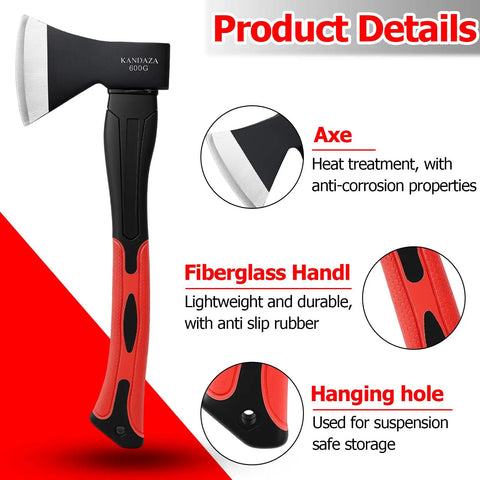 Rugged 15 Inch Camping Axe For Kindling And Wood Chopping With Forged 45 Carbon Steel Head, Rust Resistant Coating, Shock Absorbing Fiberglass Handle, Non Slip Grip, And Durable Sheath For Trails And Campsites with product details