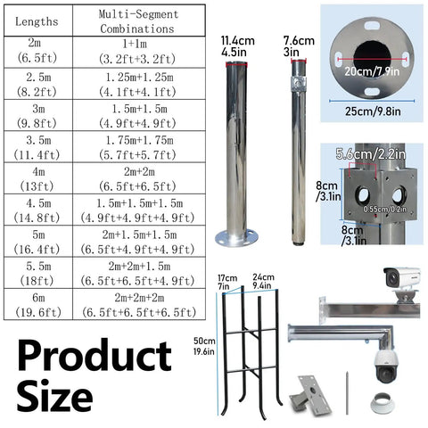 Heavy Duty Stainless Steel Surveillance Stand With Camera Mount Pole Bracket, Portable Wide View Post Kit For Outdoor Use, Adjustable Height From 6.5 Ft To 19.6 Ft, 4 Way Panel Design For Wide Coverage On Schools, Backyards, Porches And Walkways