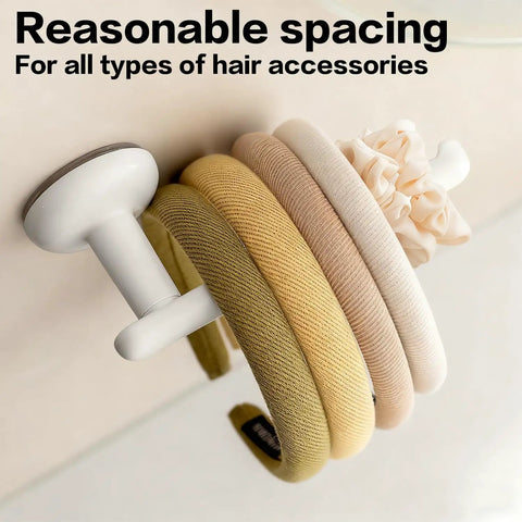 Suction Cup Headband Holder And Wall Mounted Hair Accessory Organizer Keeps Your Bathroom Vanity Looking Fly With This Hassle Free No Drill Scrunchie Storage Rack In Crisp White showcasing multiple hair accessories on a suction cup holder.