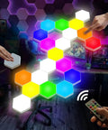 Hexagon LED Wall Panels 10 Pack With Remote And Touch Control RGB 13 Color Lights in a game room setting.