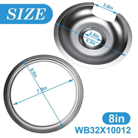 Dimensions of 8-inch pan and ring from Chrome Stove Burner Drip Pan Set Four Pack For GE Hotpoint Electric Range Replacement Parts