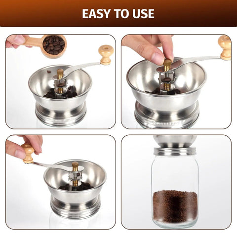 Wide Mouth Mason Jar Coffee Grinder Lid Attachment With Ceramic Burrs, Stainless Steel Manual Grinder in use with coffee beans