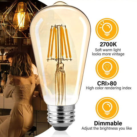 LED Edison Bulbs 4 Pack Dimmable E26 6W LED Bulbs 60W Equivalent 2700K Amber Warm White 470 Lumens Retro Vibe 120V overview