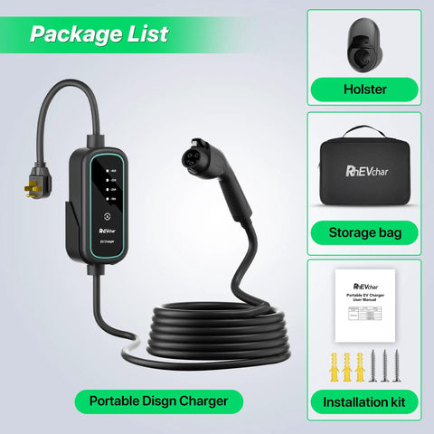 40A Level 2 EV Charger With J1772 Connector Portable Mobile Electric Vehicle Charger 16 40A Adjustable NEMA 14 50 Plug 25ft Cable 240V Nine Point Six Kilowatts Fast Charging On The Go package contents including charger, holster, storage bag, and installation kit
