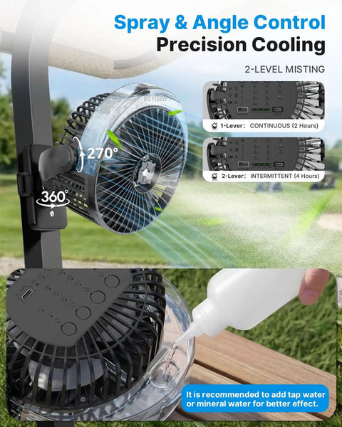 Golf Cart Misting Fan With 12000mAh Battery, Magnetic Mounts And Secure Strap, 4 Speeds, LED, Timer, in operation