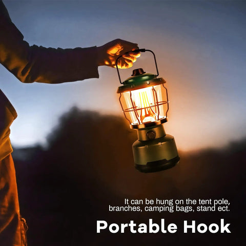 Ultra Bright 2500 Lumen Rechargeable Camping Lantern for power outages and emergencies being held with portable hook at sunset