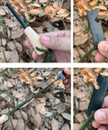 Rugged Fire Starter Survival Kit With Large Ferro Rod And Striker, showing ferro rod use and close-up of striker in hand