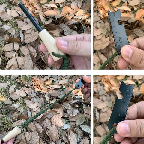 Rugged Fire Starter Survival Kit With Large Ferro Rod And Striker, showing ferro rod use and close-up of striker in hand