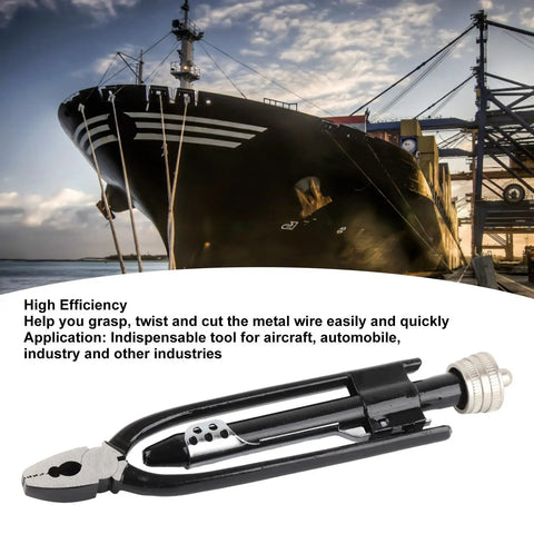 Safety Wire Pliers 8.3 Inch 3 In 1 Tool With 25ft Wire displayed in front of a docked ship for industrial use
