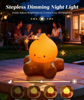 Chibi Campfire Night Light With White Noise Portable Rechargeable Cozy Glow on table, adjustable brightness levels shown.