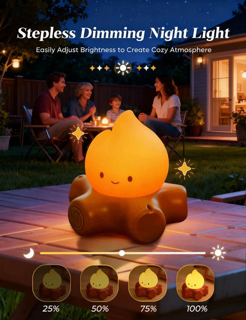Chibi Campfire Night Light With White Noise Portable Rechargeable Cozy Glow on table, adjustable brightness levels shown.