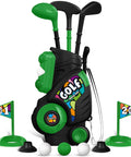 Kid Tested Retractable Toddler Golf Clubs Set With Smooth Rounded Shafts And Jumbo Safety Balls Perfect For Little Swingers Ages One To Four Top Shelf Green Play Gear in a rolling cart with golf clubs and balls.