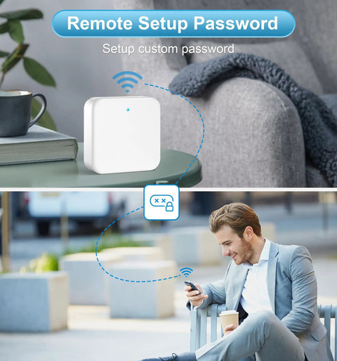 G2 WiFi Gateway For Smart Deadbolts, Remote Control Hub That Works With DD Lock App And TT Lock App shown on a table with user control.