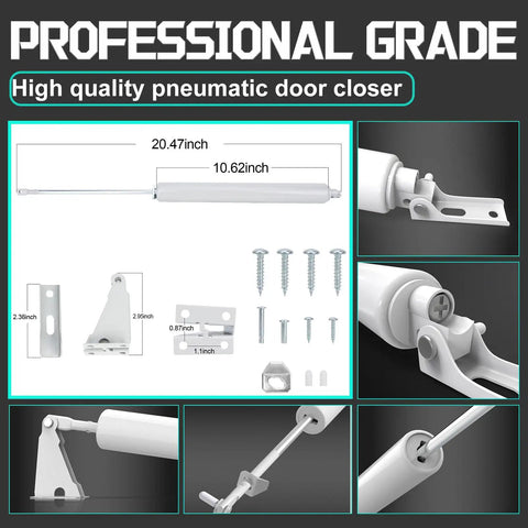 Heavy Duty Storm Door Closer With Hold Open Feature For Medium To Heavy Doors, White Finish, hardware and components shown