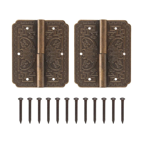 Antique Brass Hinge For Cabinets And Furniture Vintage Engraved Pattern Butt Hinges Rustic Kitchen Cupboard Hardware with screws