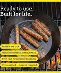 Lightweight Carbon Steel Skillet For High Heat Frying With Long Handle Quick Temperature Response Ideal For Searing And Sauteing 10 Inch Seasoned Pan cooking sausages on grill