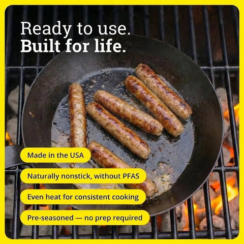 Lightweight Carbon Steel Skillet For High Heat Frying With Long Handle Quick Temperature Response Ideal For Searing And Sauteing 10 Inch Seasoned Pan cooking sausages on grill