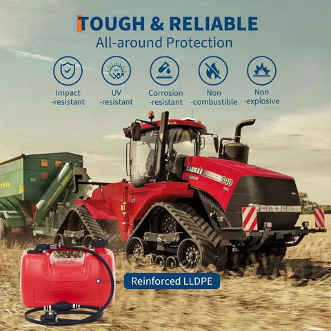 3 Gallon Marine Portable Gas Tank for Outboard Boats With Line I Shaped Handle beside red tractor in field