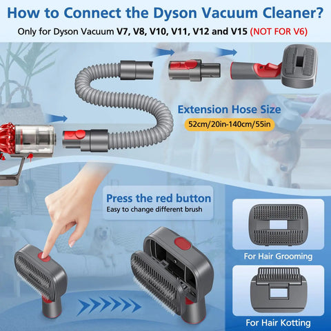 Pet Grooming Attachment Kit For Vacuum Cleaners V7 Through V15 Not For V6 with extension hose and brushes for grooming and kotting.