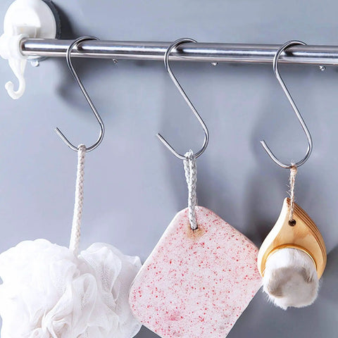 Heavy Duty Stainless Steel S Hooks 2.75 Inch Pack Of 100 For Hanging Pots And Pans, Coffee Cups, Clothes, Plants, Jeans Rust Resistant With Smooth Surface And Up To 22 Lbs Capacity shown hanging items