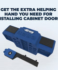 Cabinet Door Mounting Jig For Frameless And Face Frame Cabinets, blue adjustable tool with hinge attachment for precise alignment.