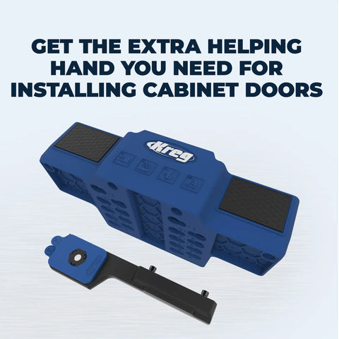 Cabinet Door Mounting Jig For Frameless And Face Frame Cabinets, blue adjustable tool with hinge attachment for precise alignment.