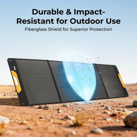 200W Portable Solar Panel With N Type Cells Foldable Fiberglass Reinforced Construction Twenty Five Percent Higher Conversion Efficiency IP65 Water Resistant For Camping RV Van Boat And Off Grid Power displayed on rocky terrain, showcasing durability with a fiberglass shield icon.