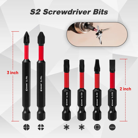 EZARC 14-piece drill and screwdriver bit set with red shafts and black handles; 2-inch and 3-inch bits