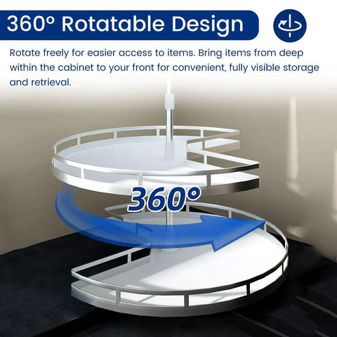 Two Tier Rotating Corner Cabinet Shelf With 360 Degree Swivel showcasing rotatable design and non-slip feature.