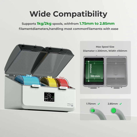 Space Pi X4L 3D Printer Filament Dryer For 4 Spools showing wide compatibility with spool sizes