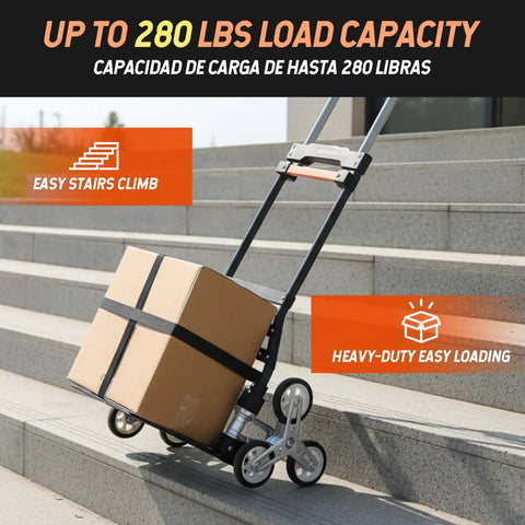 Beefy 280 Lb Capacity Stair Climbing Cart Folding Hand Truck Dolly for Moving Luggage Groceries Travel with box on stairs