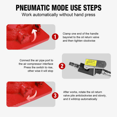 Big Red 20 Ton Air Hydraulic Bottle Jack Heavy Duty Professional Lifting Tool With Dual Power Operation Adjustable Range Plus Safety Valve For Industrial Auto Shop Use pneumatic mode setup instructions with red valve components.