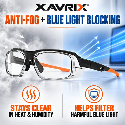Kickass Real Deal Bifocal Photochromic Reader Safety Glasses With Side Shields Antifog UV400 Blue Light Blocking Plus 2.5 Magnification close-up with anti-fog feature.